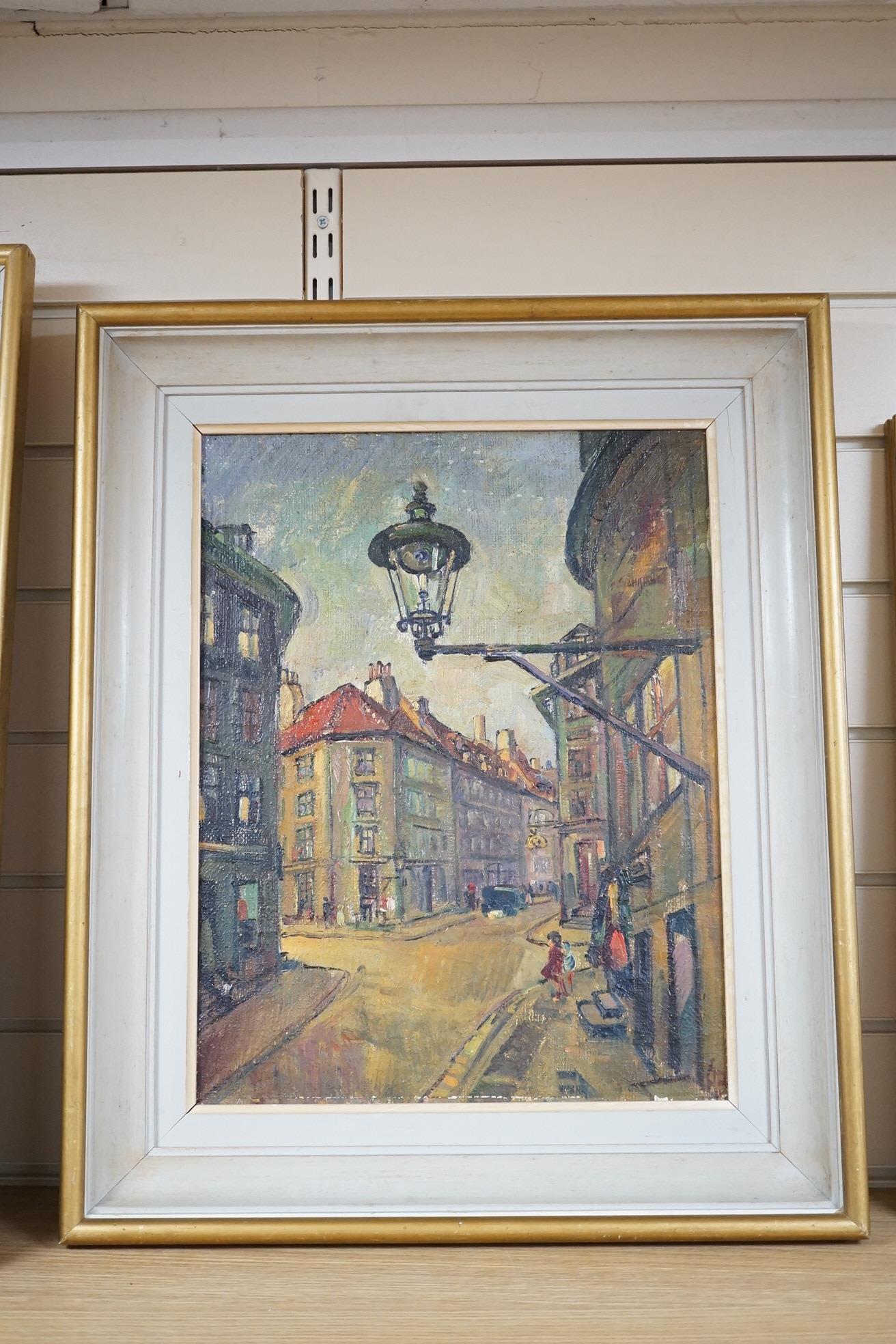 20th century, English School, oil on canvas, Street scene with figures, unsigned, 44 x 34cm. Condition - fair to good